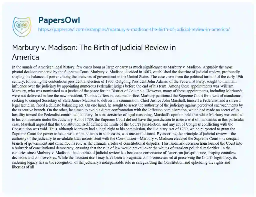 Essay on Marbury V. Madison: the Birth of Judicial Review in America