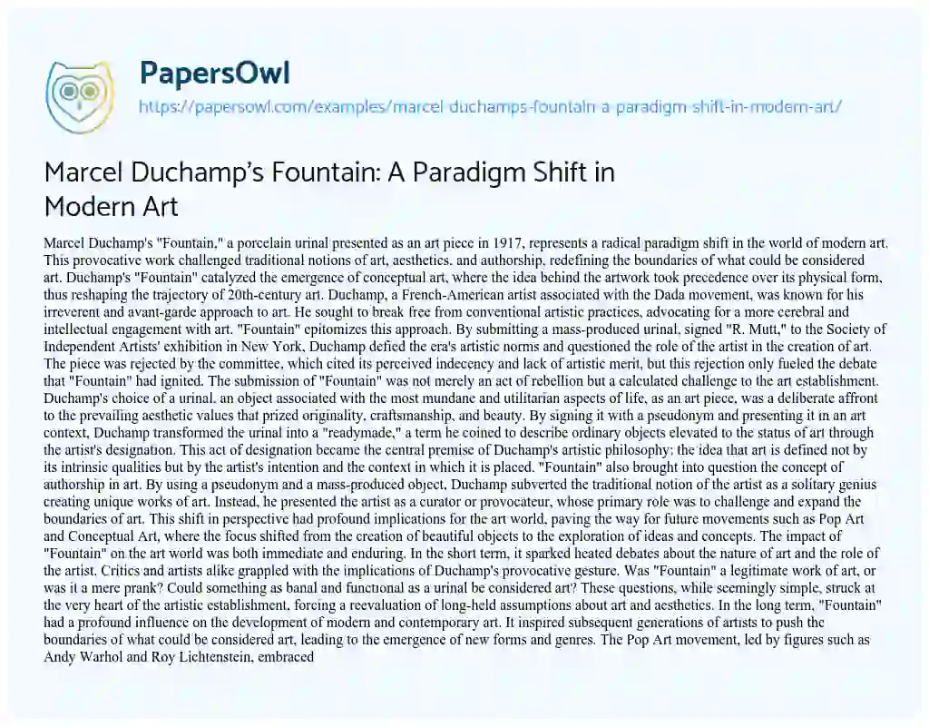 Essay on Marcel Duchamp’s Fountain: a Paradigm Shift in Modern Art