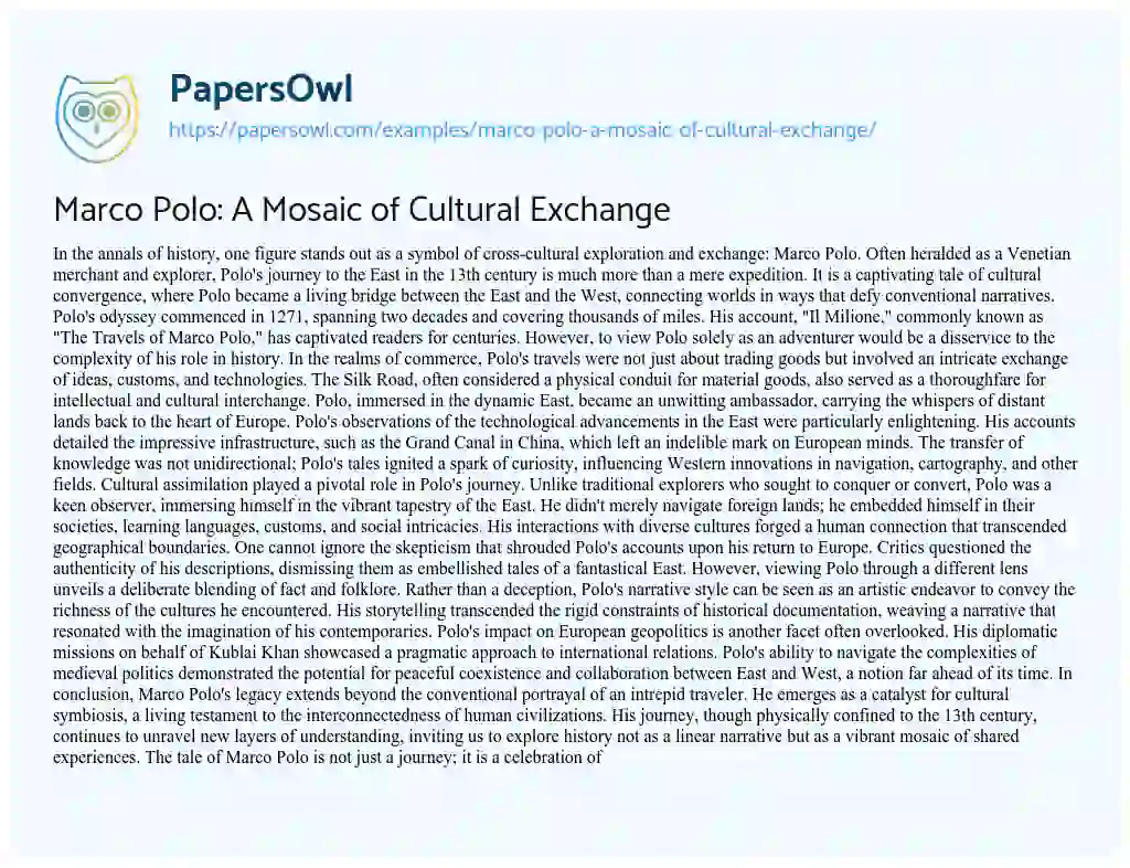 Essay on Marco Polo: a Mosaic of Cultural Exchange