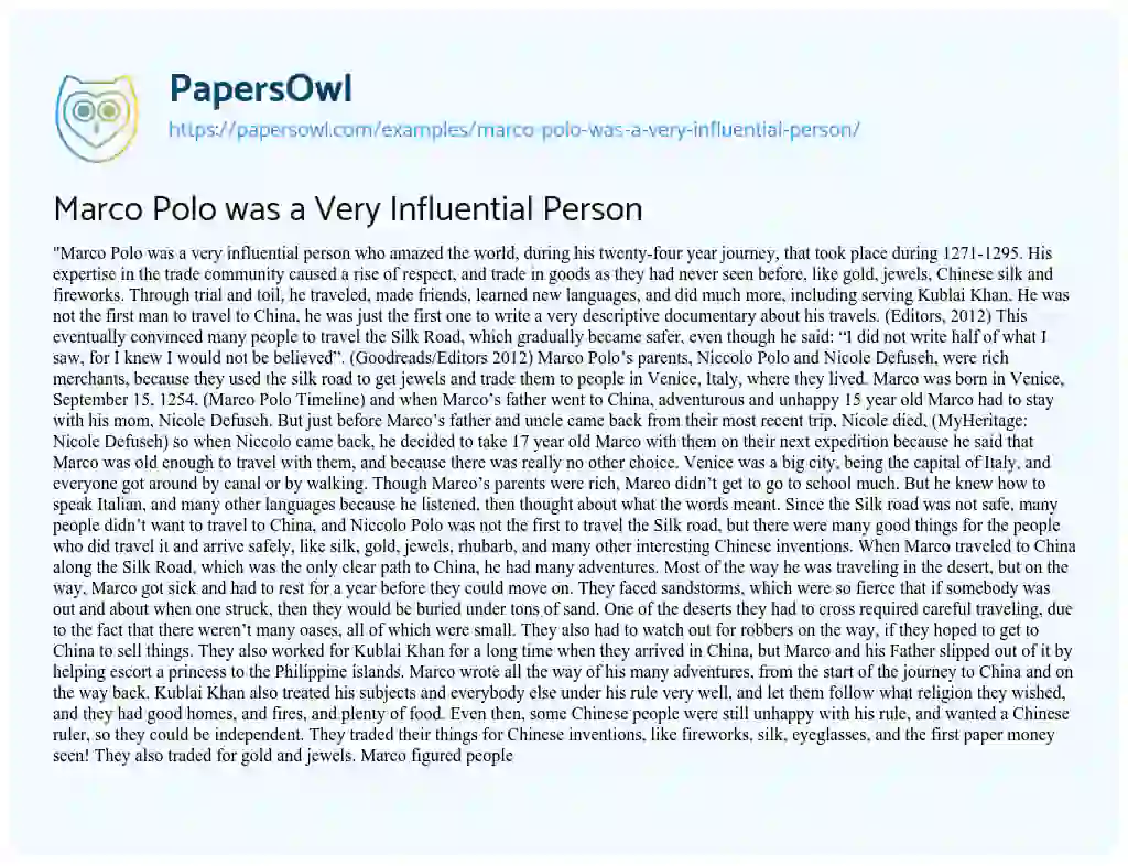 Essay on Marco Polo was a very Influential Person