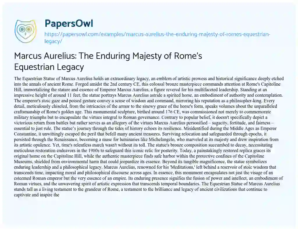 Essay on Marcus Aurelius: The Enduring Majesty of Rome’s Equestrian Legacy