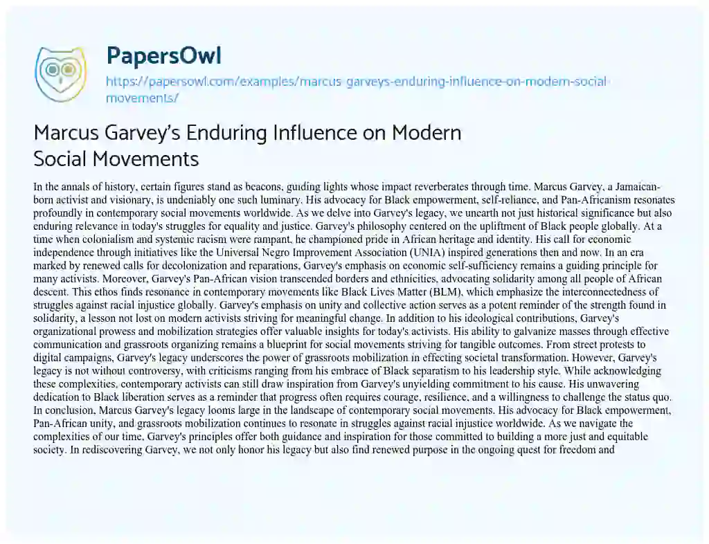 Essay on Marcus Garvey’s Enduring Influence on Modern Social Movements