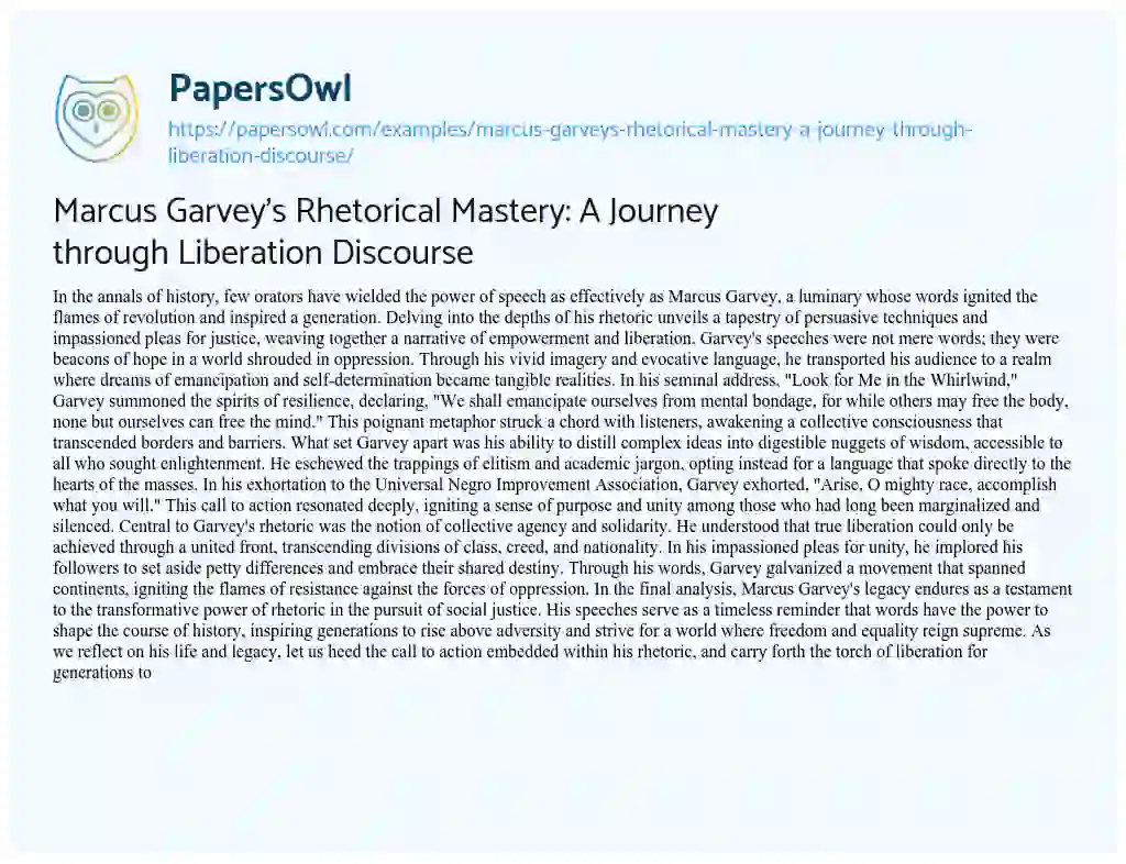 Essay on Marcus Garvey’s Rhetorical Mastery: a Journey through Liberation Discourse