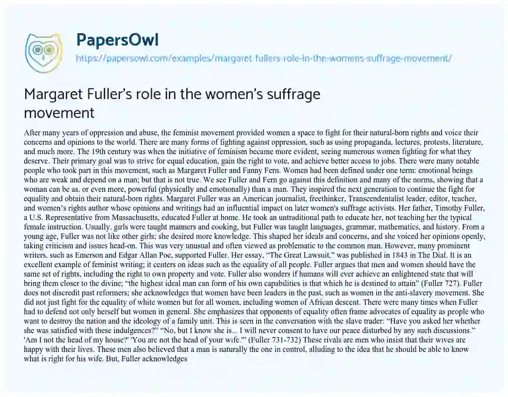 Essay on Margaret Fuller’s Role in the Women’s Suffrage Movement