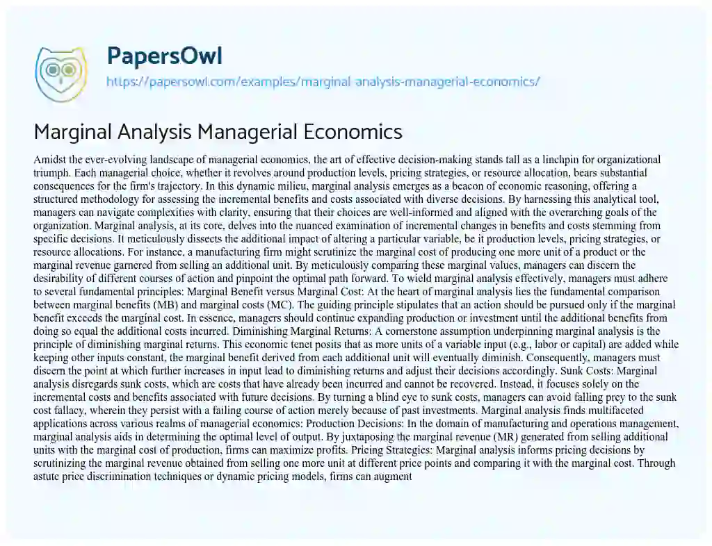 Essay on Marginal Analysis Managerial Economics