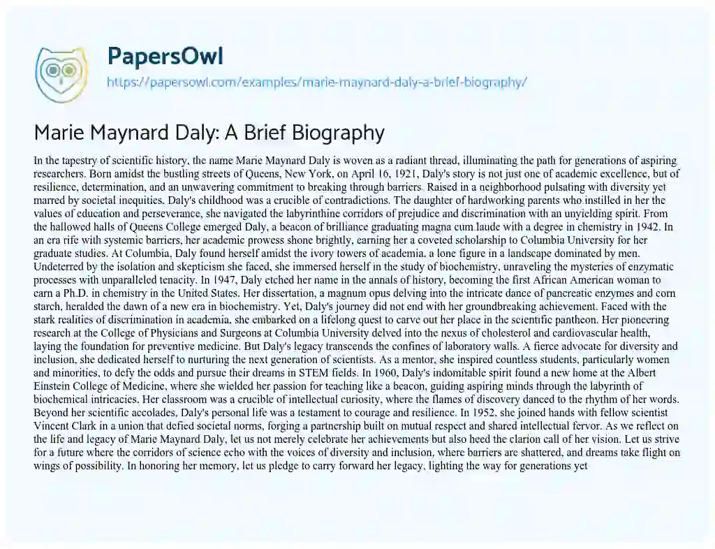 Essay on Marie Maynard Daly: a Brief Biography