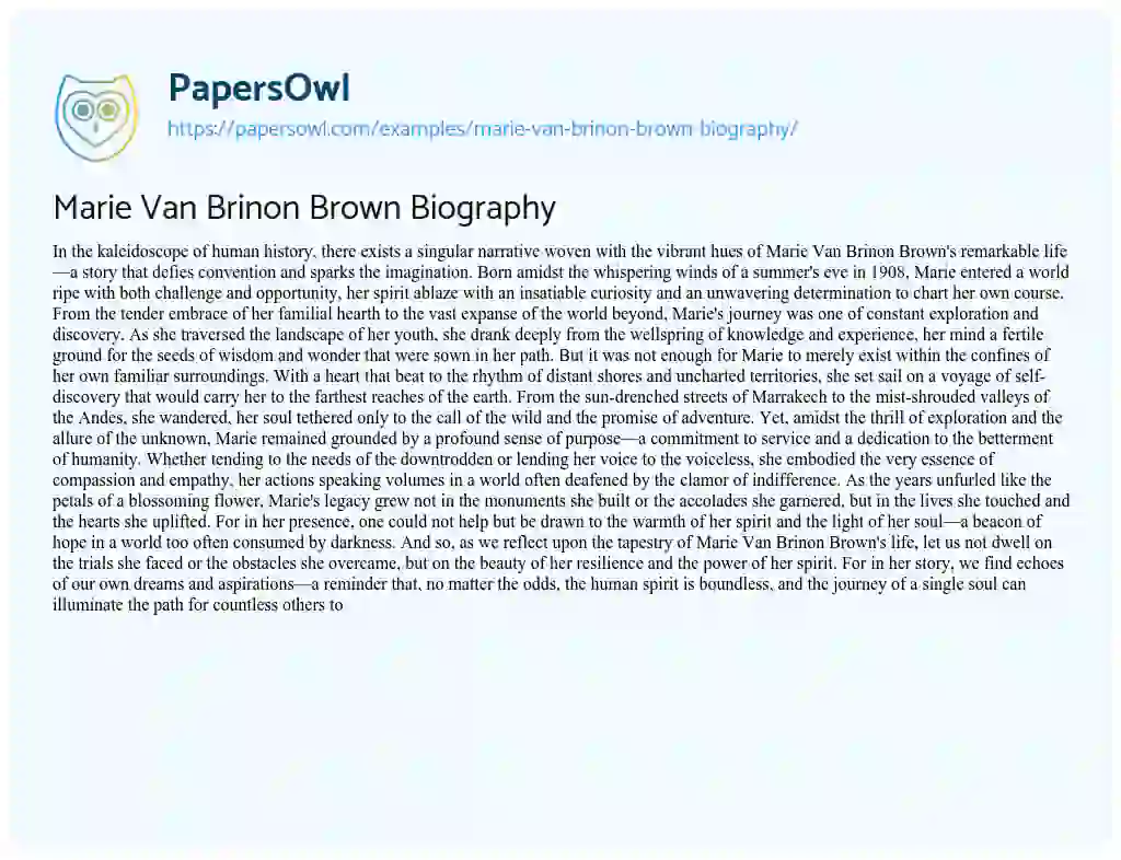 Essay on Marie Van Brinon Brown Biography