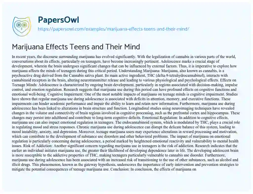 Essay on Marijuana Effects Teens and their Mind