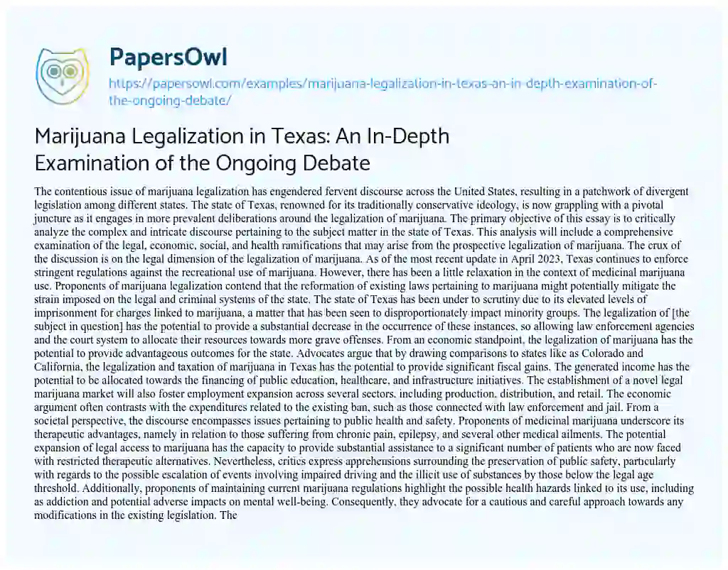 Essay on Marijuana Legalization in Texas: an In-Depth Examination of the Ongoing Debate