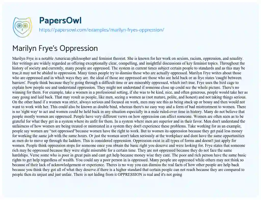 Essay on Marilyn Frye’s Oppression