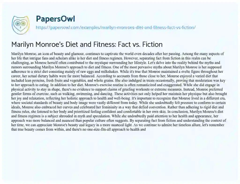 Essay on Marilyn Monroe’s Diet and Fitness: Fact Vs. Fiction