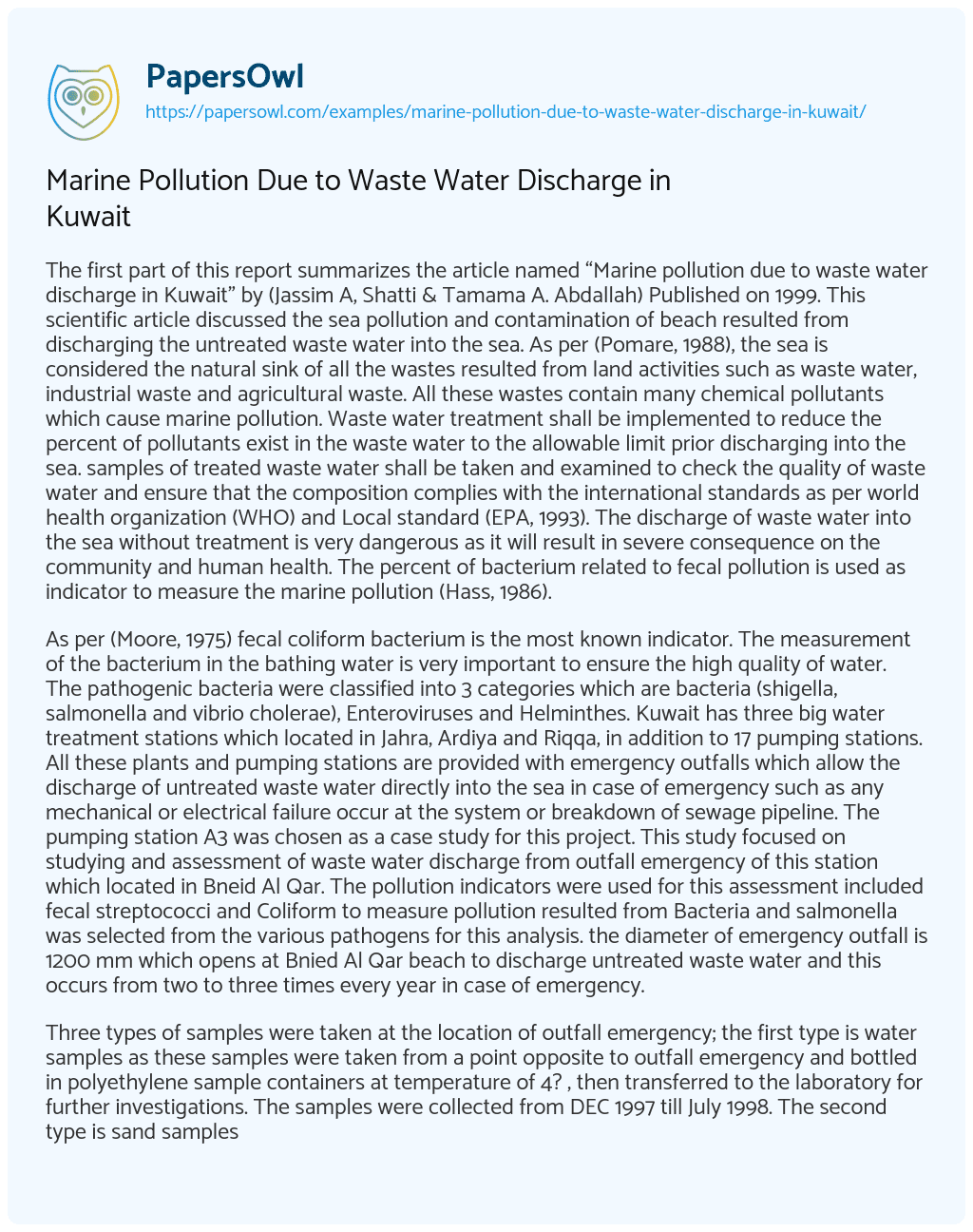 Essay on Marine Pollution Due to Waste Water Discharge in Kuwait