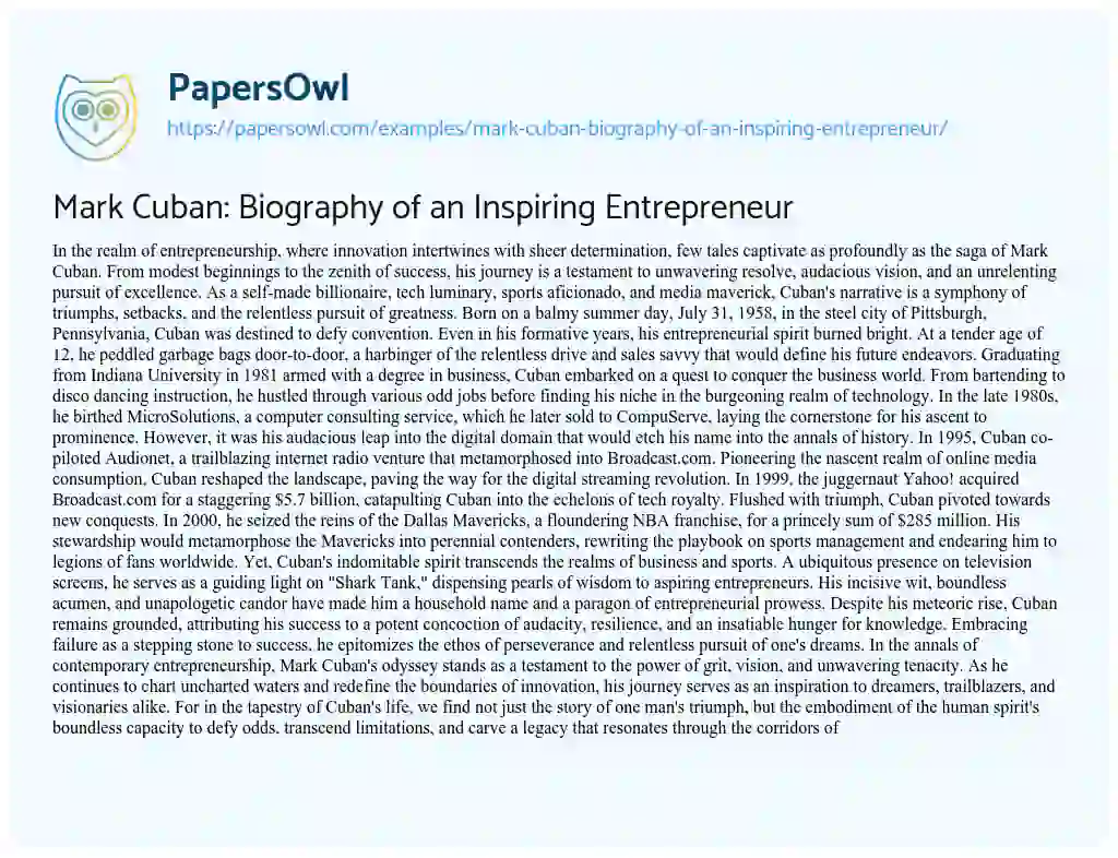 Essay on Mark Cuban: Biography of an Inspiring Entrepreneur