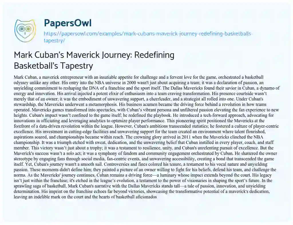 Essay on Mark Cuban’s Maverick Journey: Redefining Basketball’s Tapestry