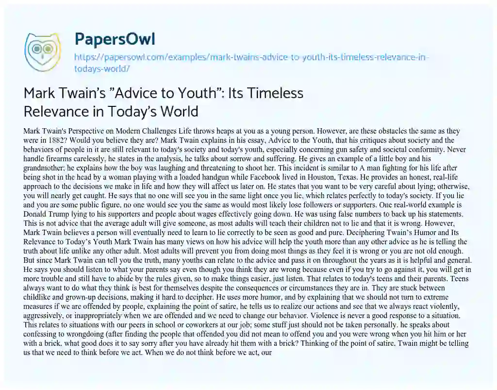 Essay on Mark Twain’s “Advice to Youth”: its Timeless Relevance in Today’s World