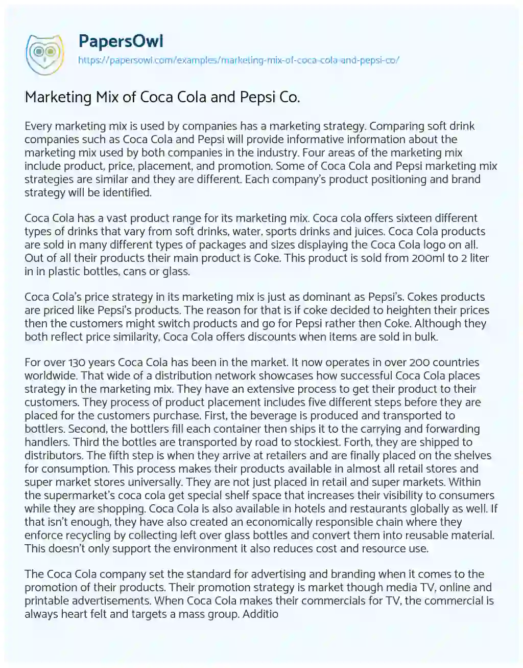 Essay on Marketing Mix of Coca Cola and Pepsi Co.