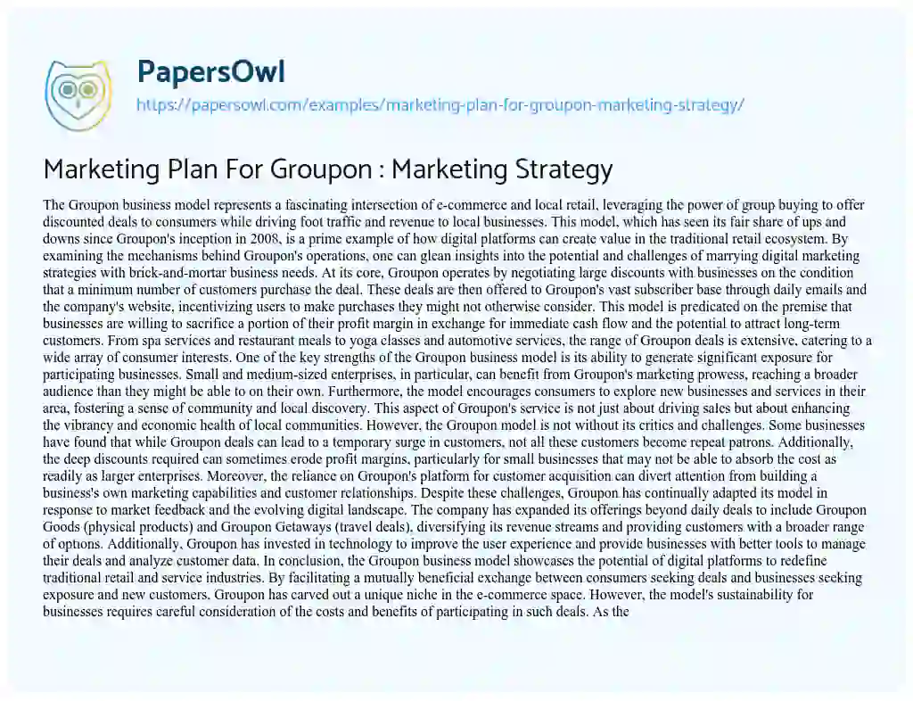 Essay on Marketing Plan for Groupon : Marketing Strategy