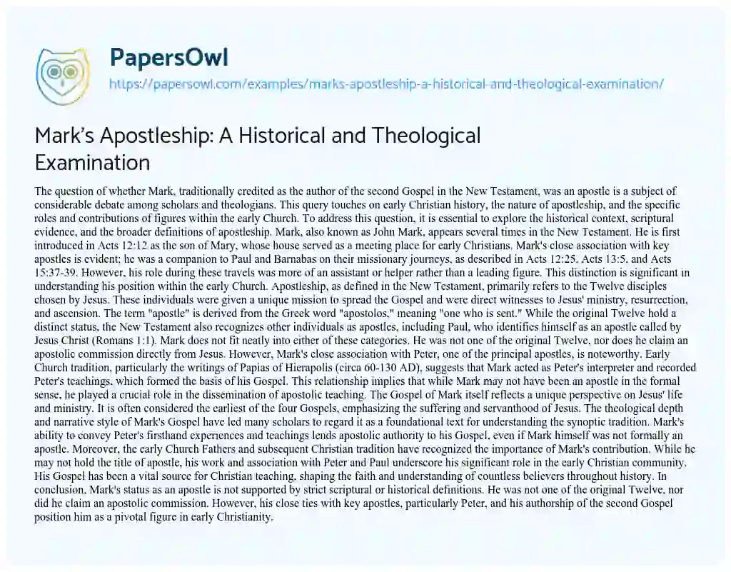Essay on Mark’s Apostleship: a Historical and Theological Examination