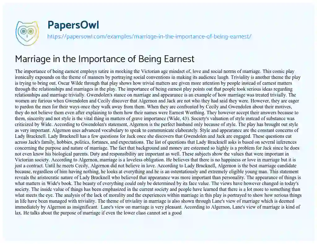 Essay on Marriage in the Importance of being Earnest