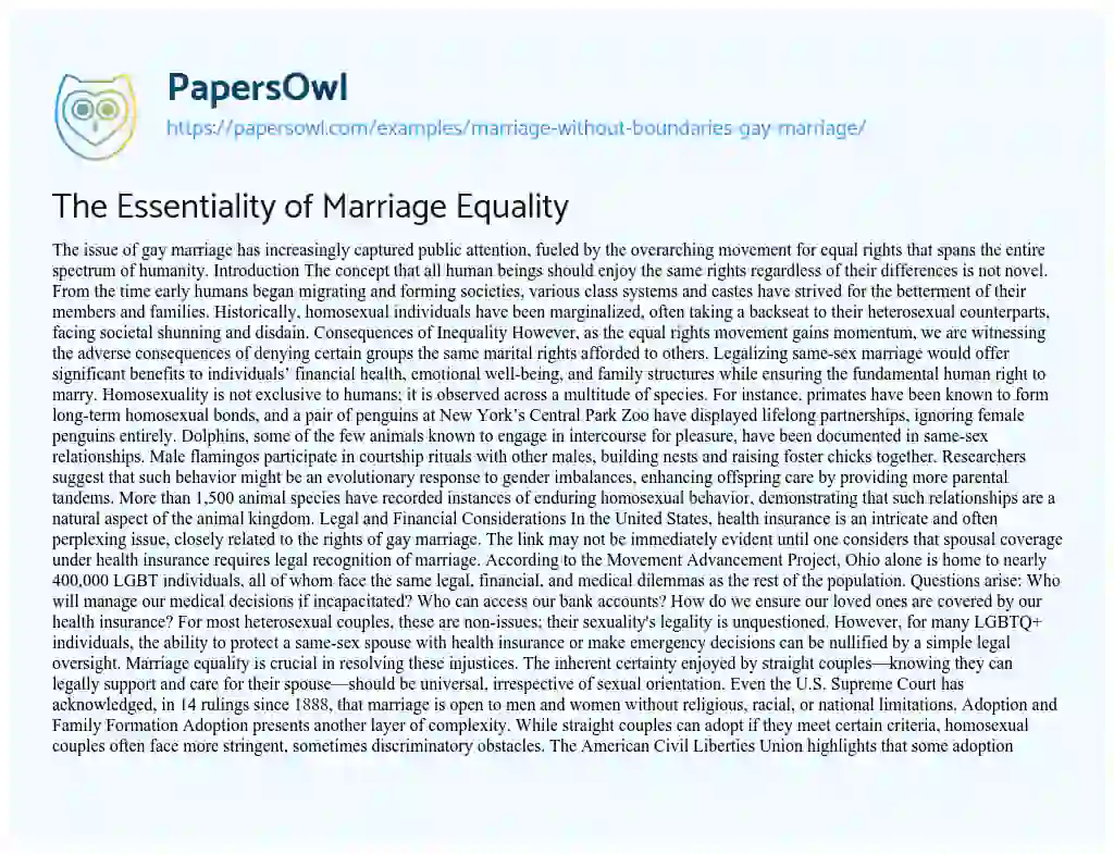 Essay on The Essentiality of Marriage Equality