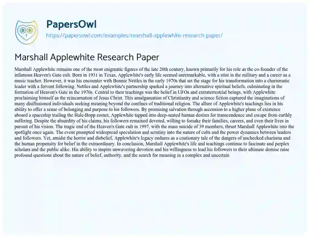 Essay on Marshall Applewhite Research Paper