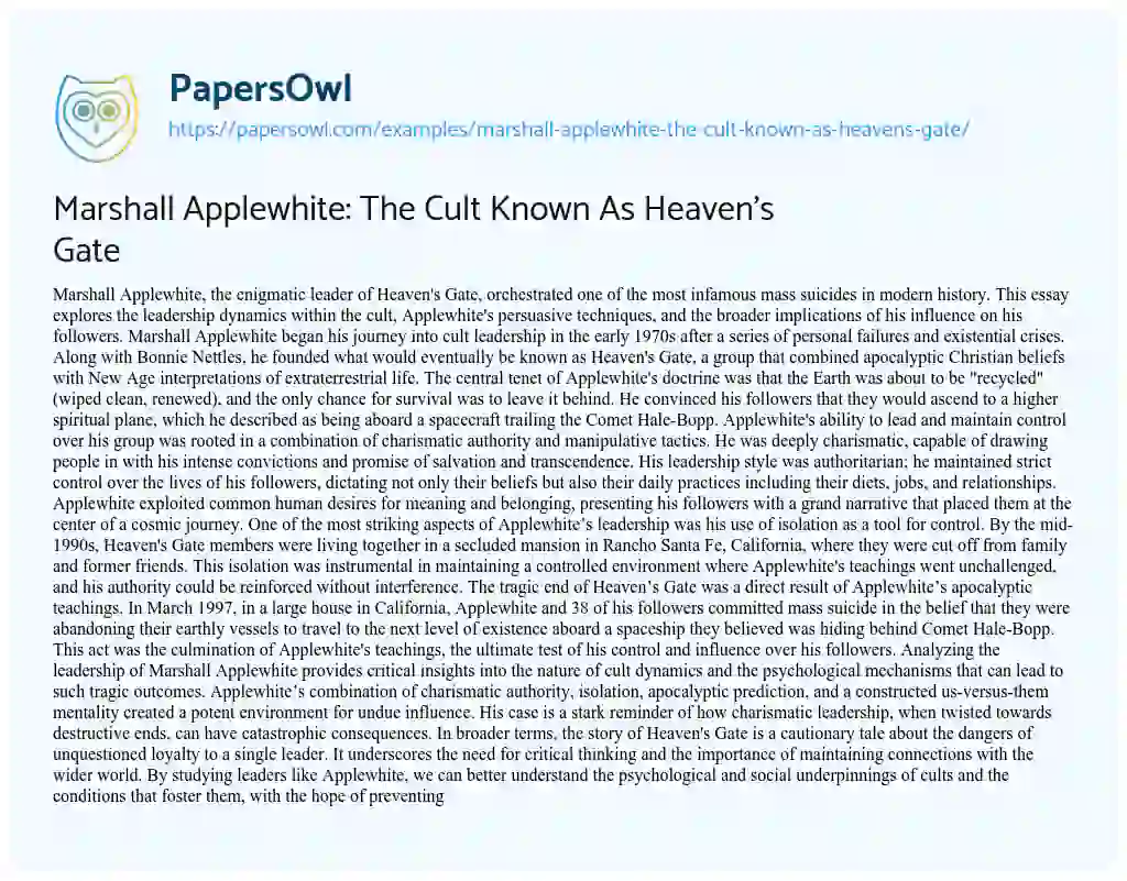 Essay on Marshall Applewhite: the Cult Known as Heaven’s Gate