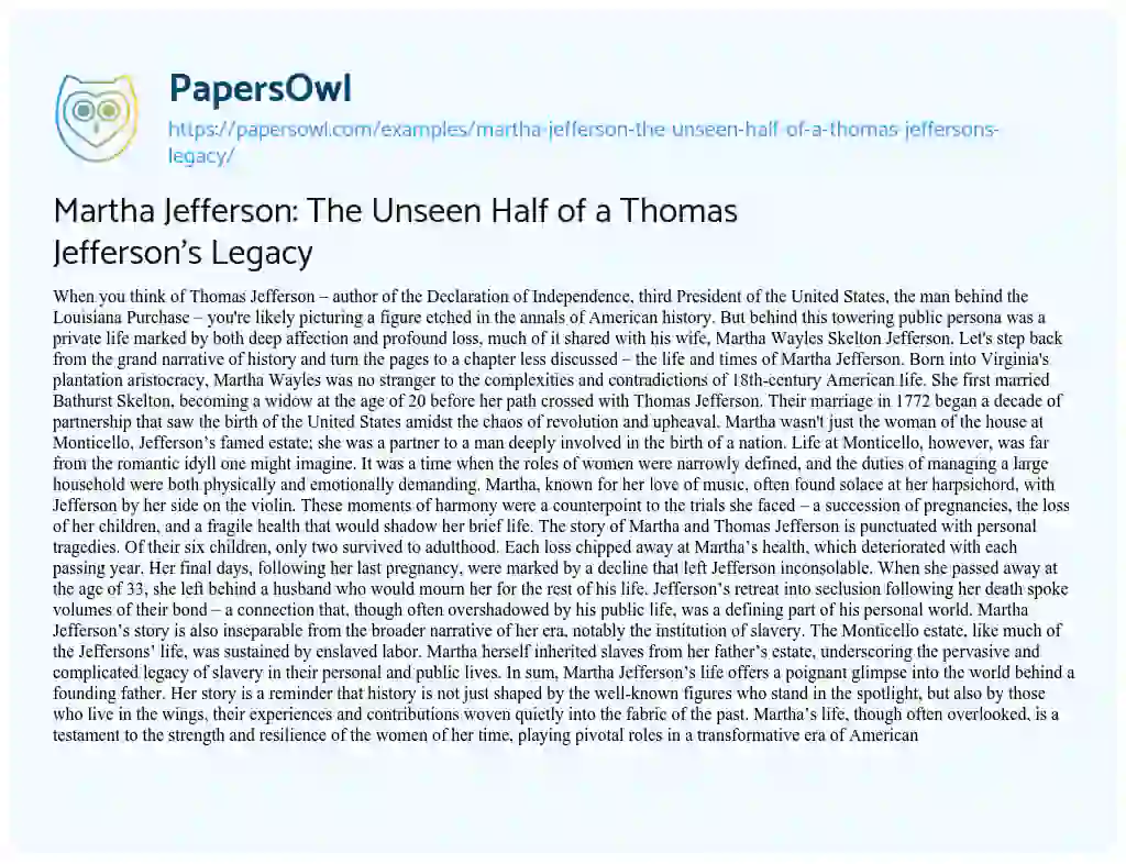 Essay on Martha Jefferson: the Unseen Half of a Thomas Jefferson’s Legacy