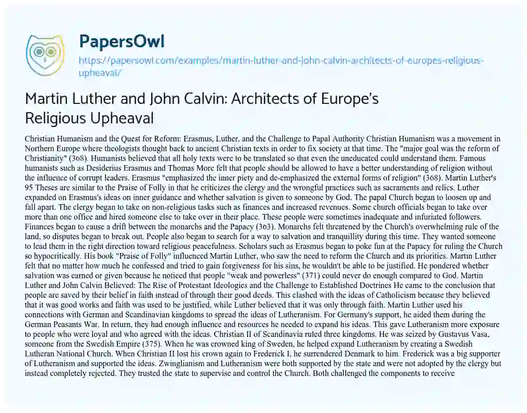 Essay on Martin Luther and John Calvin: Architects of Europe’s Religious Upheaval