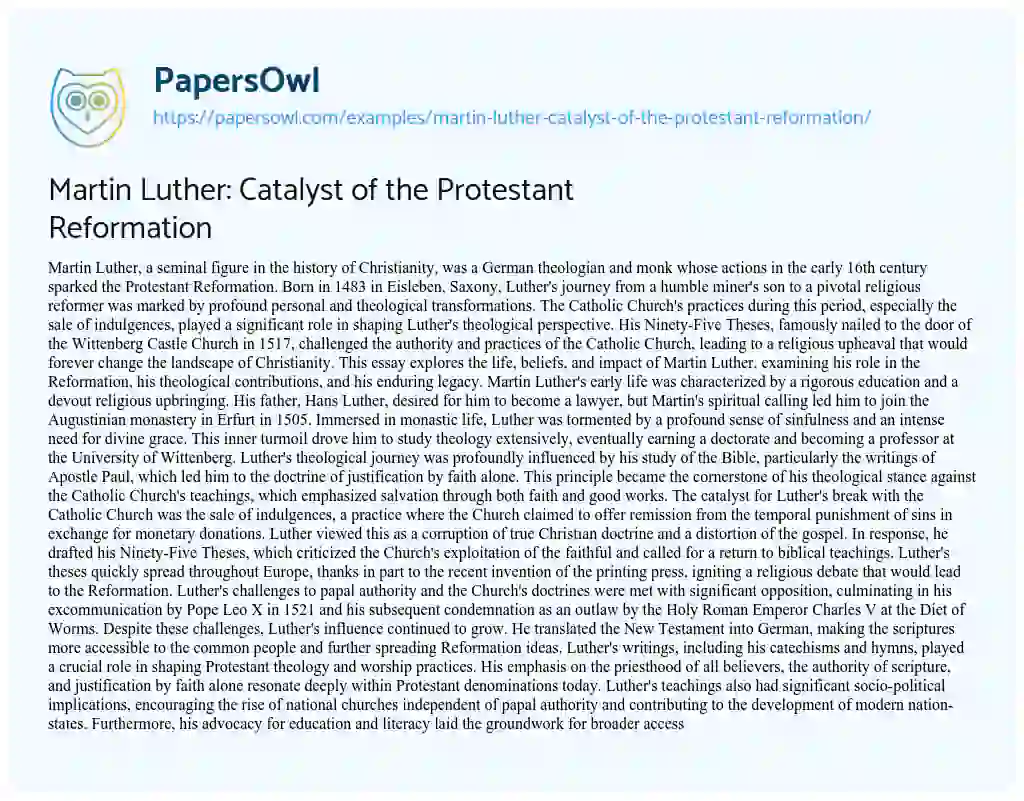Essay on Martin Luther: Catalyst of the Protestant Reformation