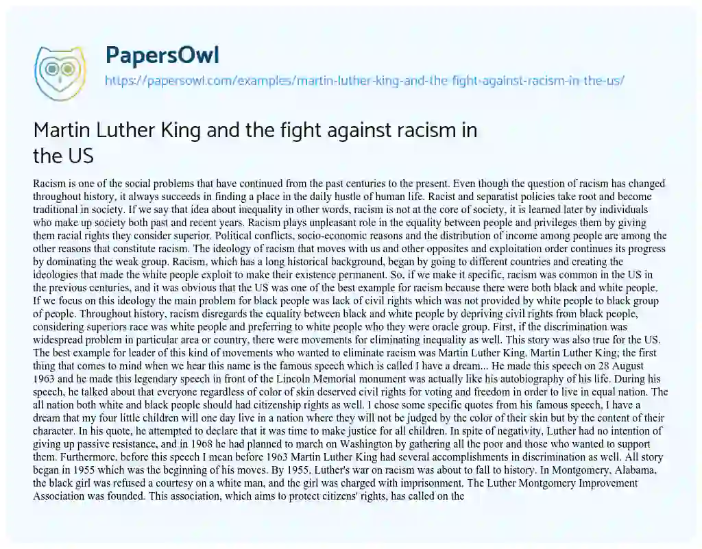 Essay on Martin Luther King and the Fight against Racism in the US
