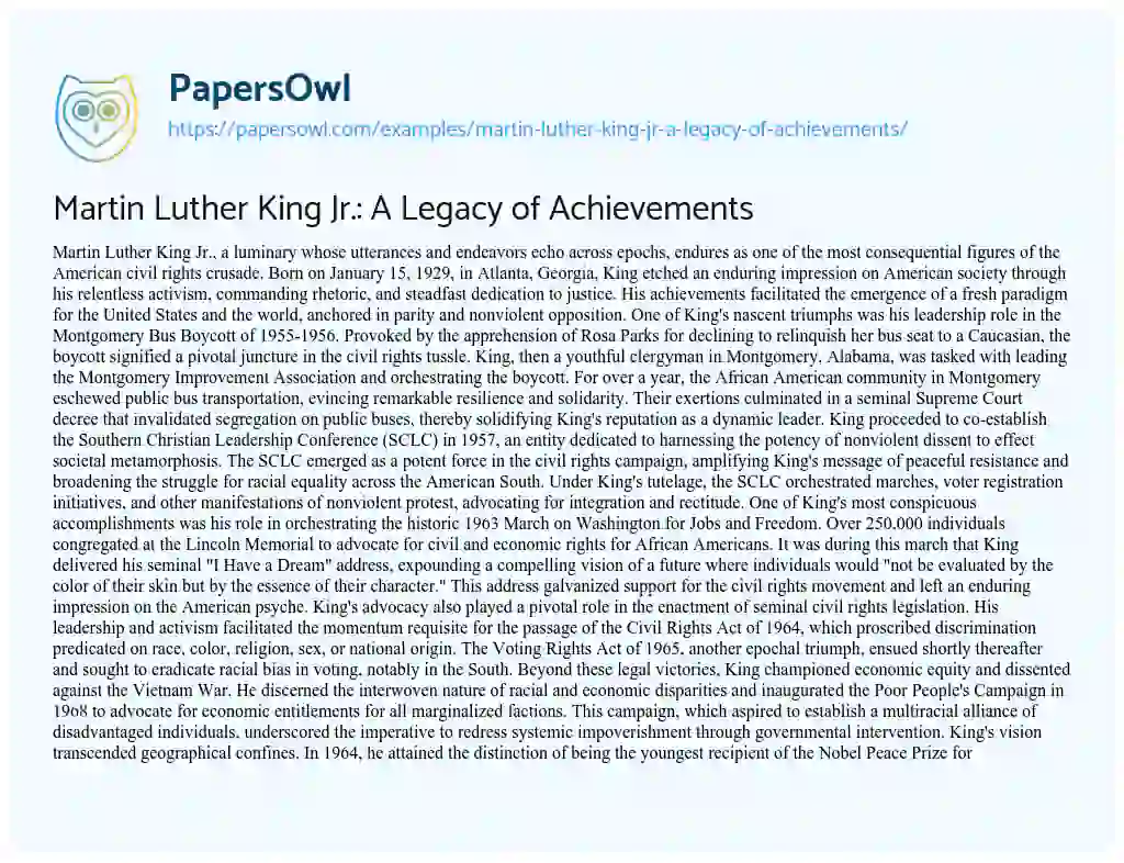 Essay on Martin Luther King Jr.: a Legacy of Achievements