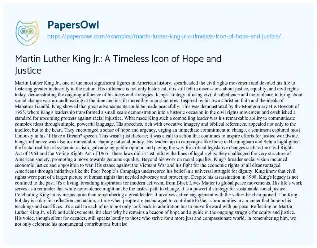 Essay on Martin Luther King Jr.: a Timeless Icon of Hope and Justice