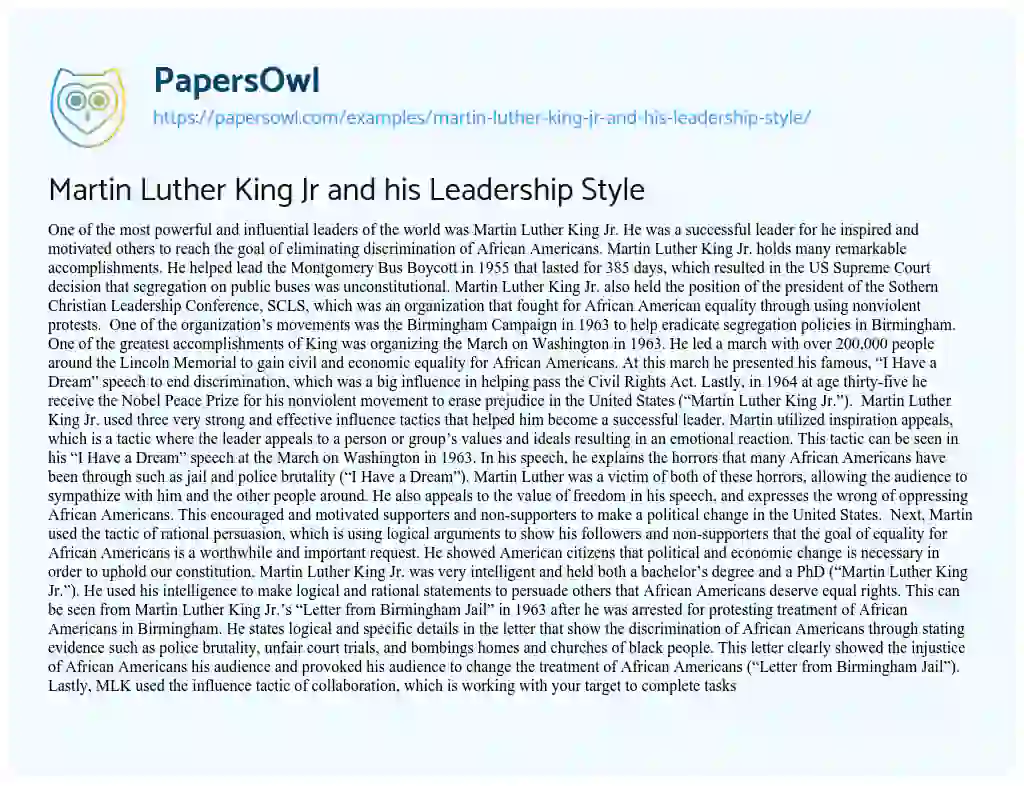 Essay on Martin Luther King Jr and his Leadership Style
