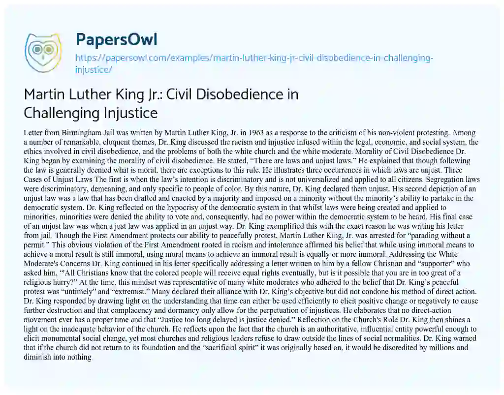 Essay on Martin Luther King Jr.: Civil Disobedience in Challenging Injustice