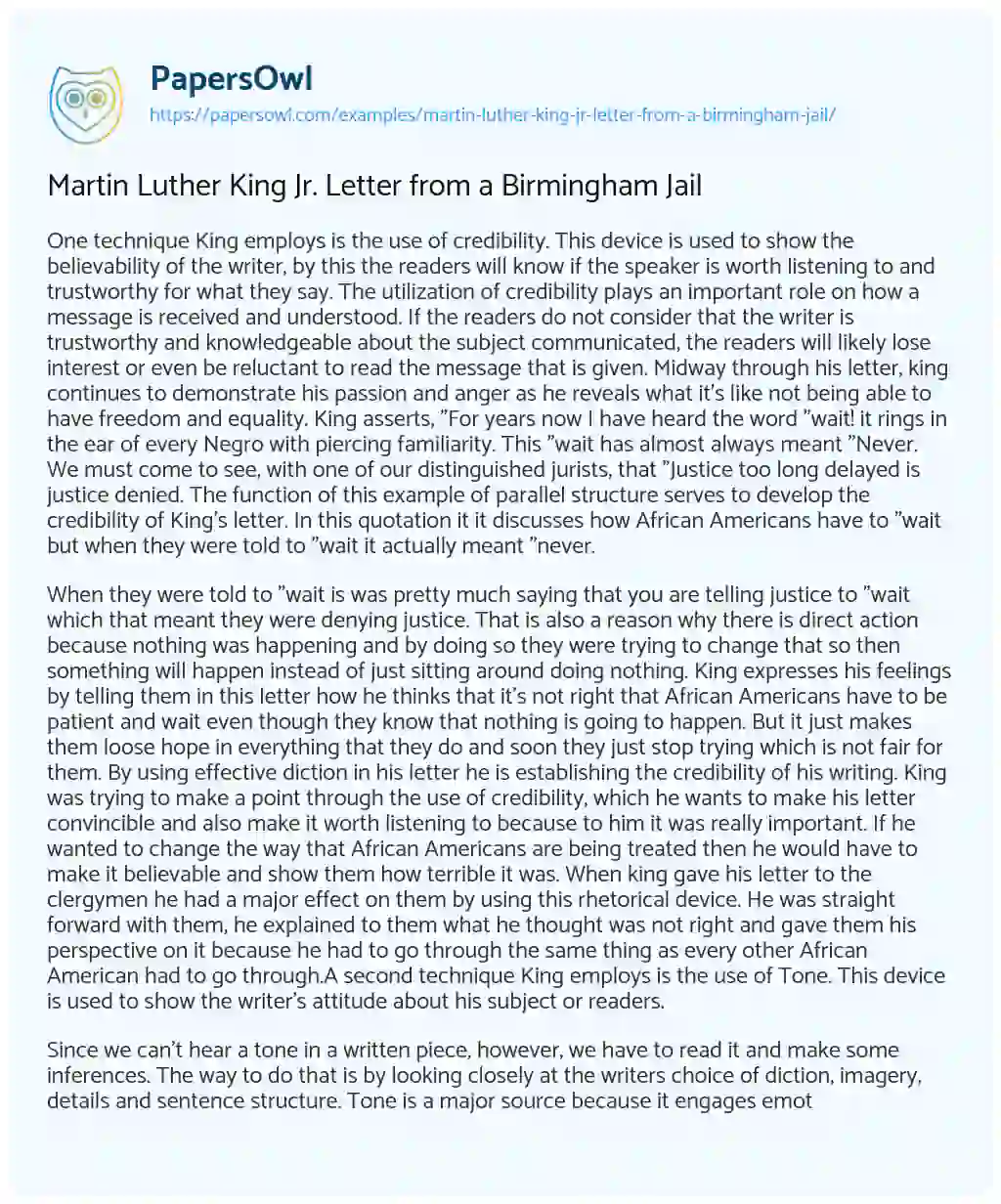 Essay on Martin Luther King Jr. Letter from a Birmingham Jail