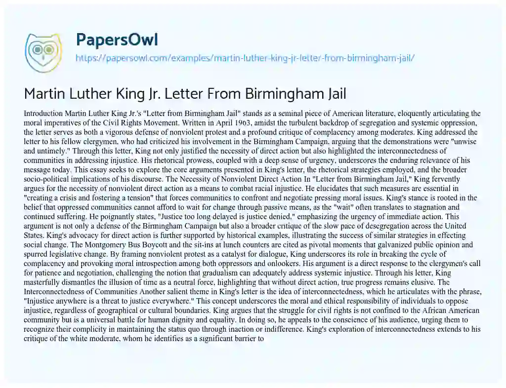 Essay on Martin Luther King Jr. Letter From Birmingham Jail