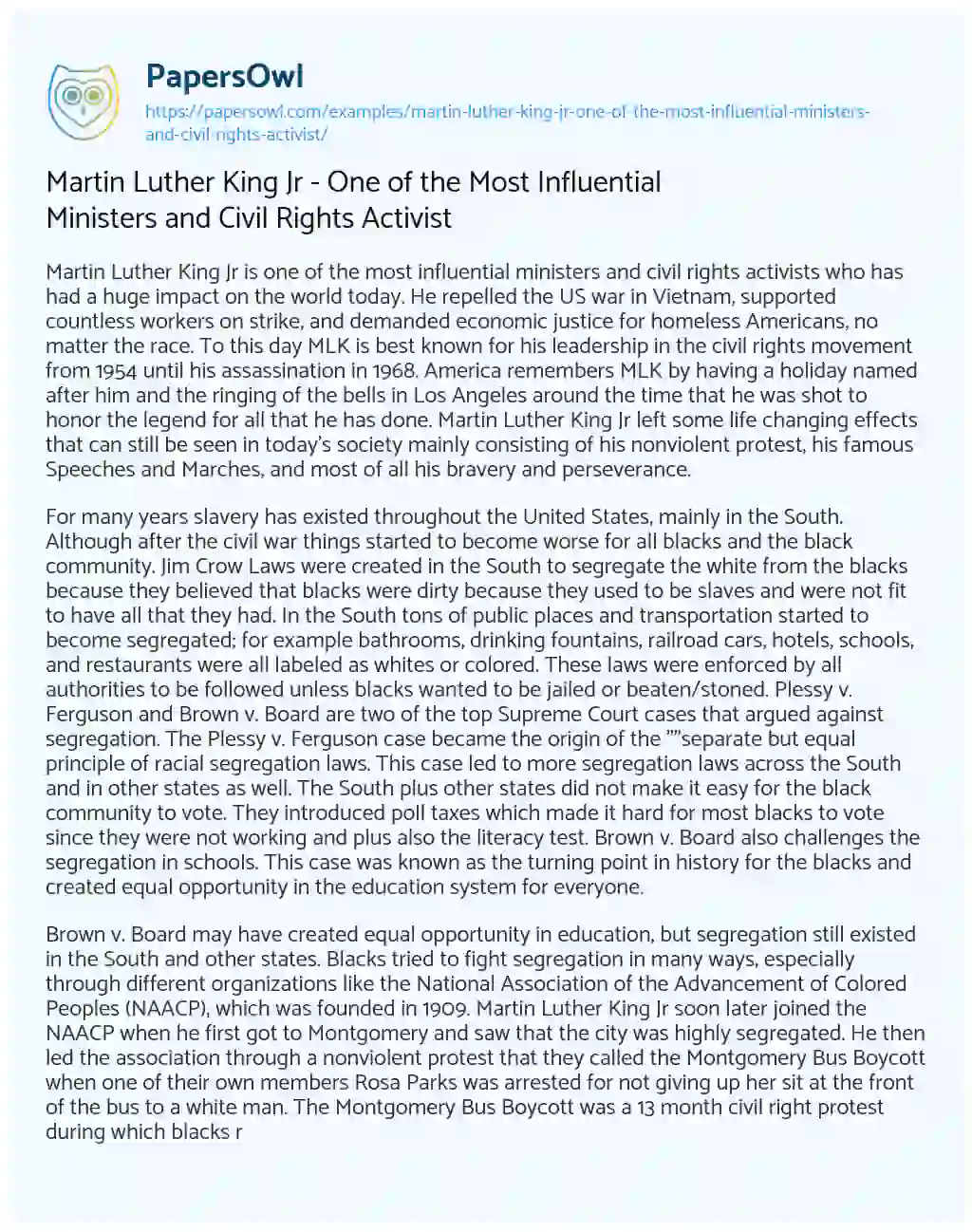 Essay on Martin Luther King Jr – One of the most Influential Ministers and Civil Rights Activist