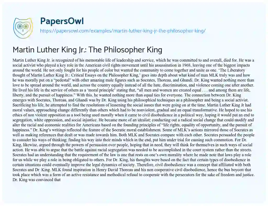 Essay on Martin Luther King Jr.: the Philosopher King