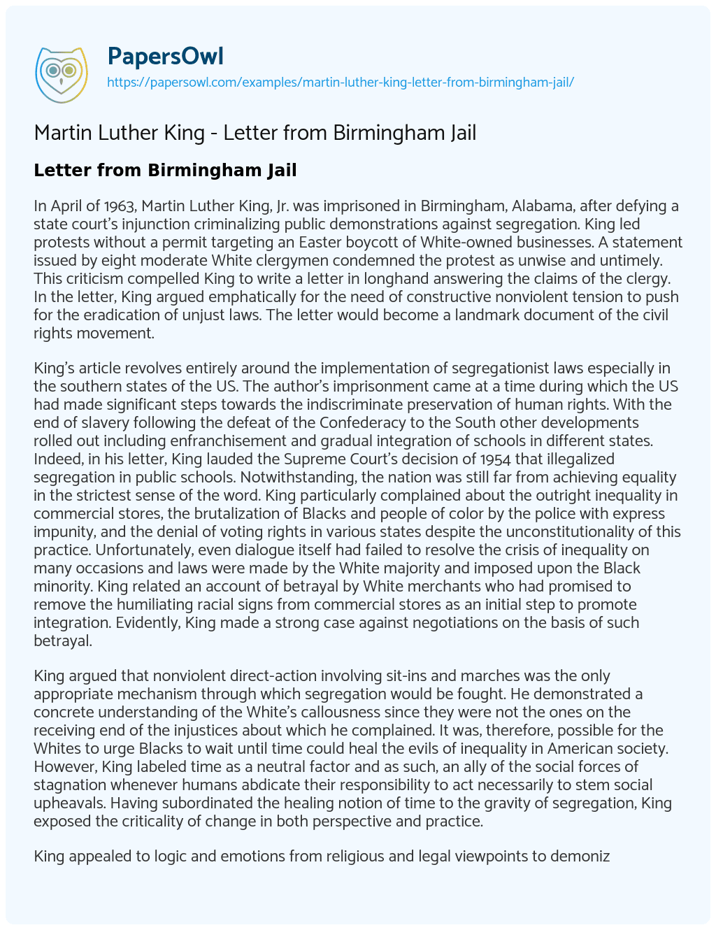 Essay on Martin Luther King – Letter from Birmingham Jail