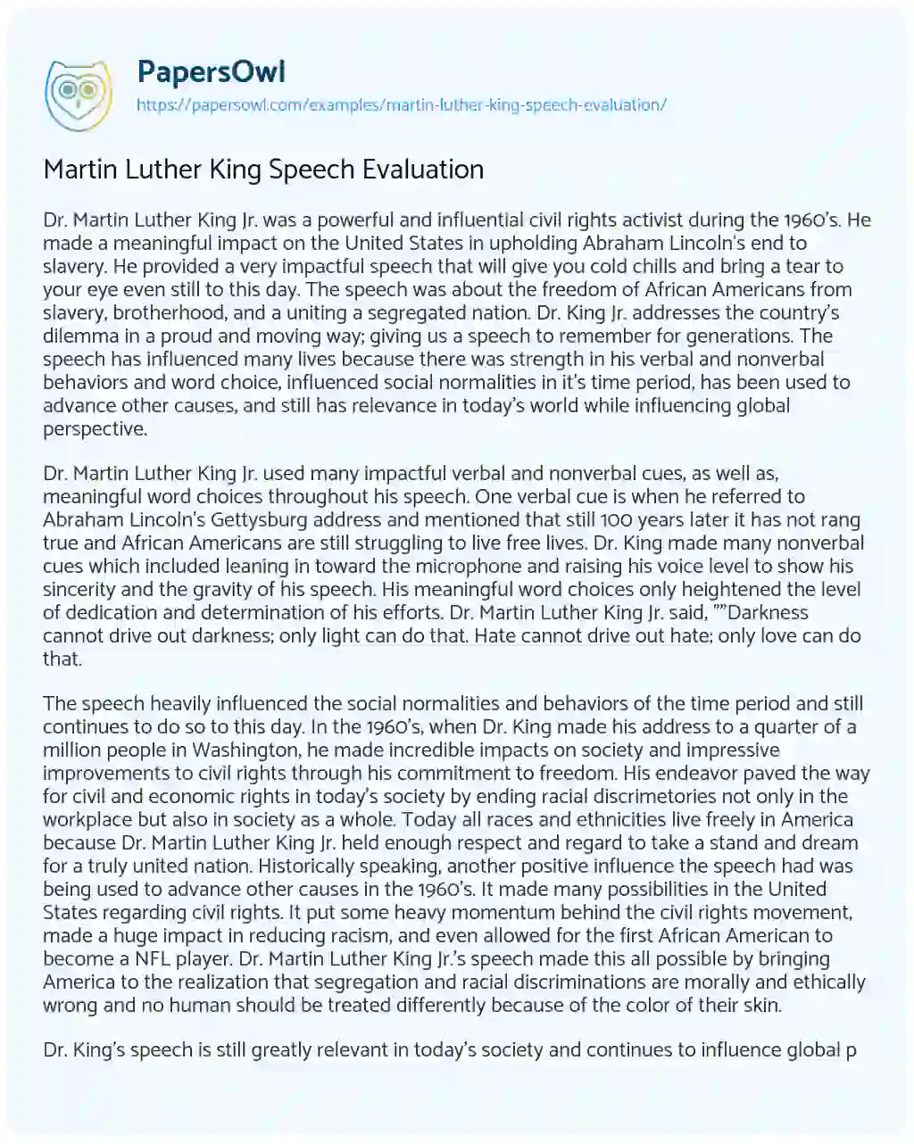 Essay on Martin Luther King Speech Evaluation