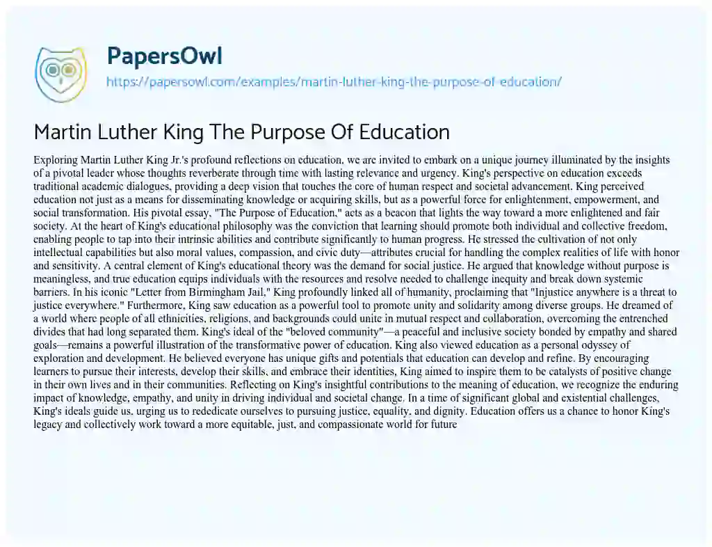Essay on Martin Luther King the Purpose of Education