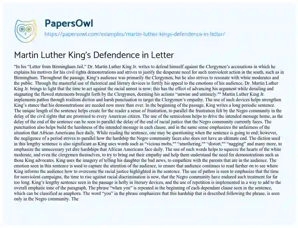 Essay on Martin Luther King’s Defendence in Letter