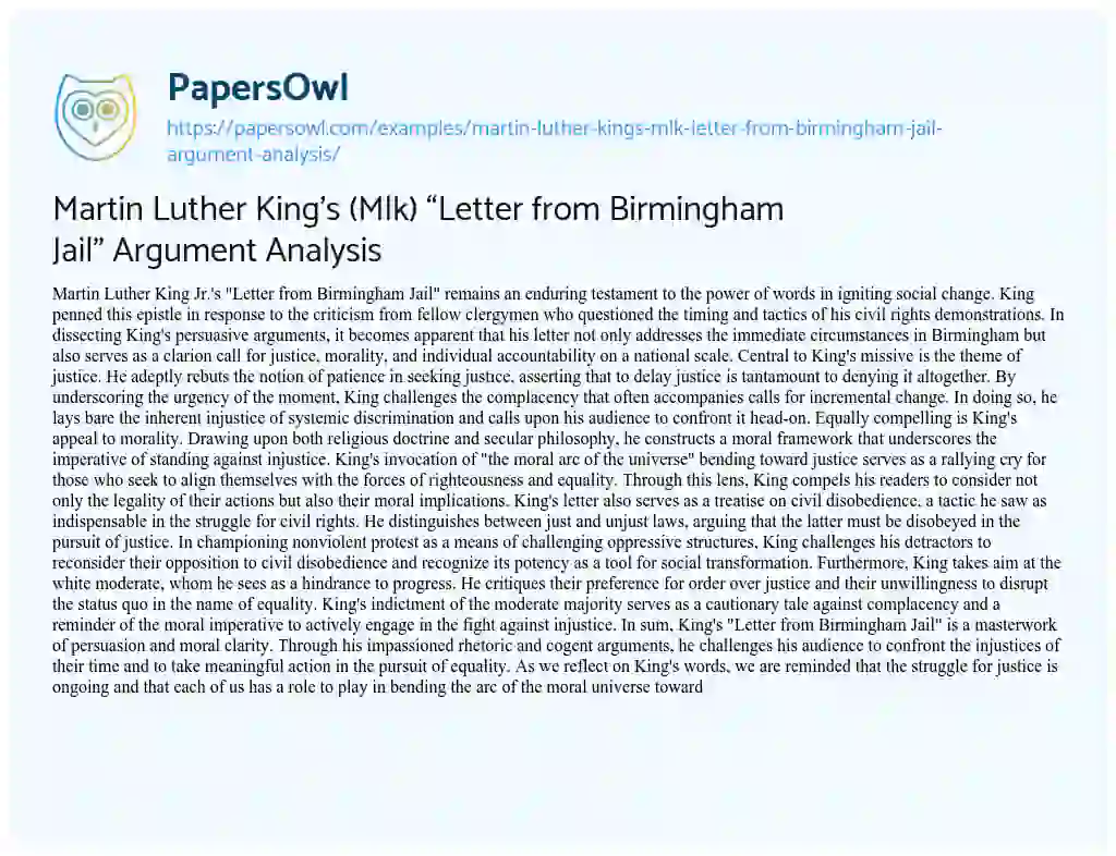 Essay on Martin Luther King’s (Mlk) “Letter from Birmingham Jail” Argument Analysis