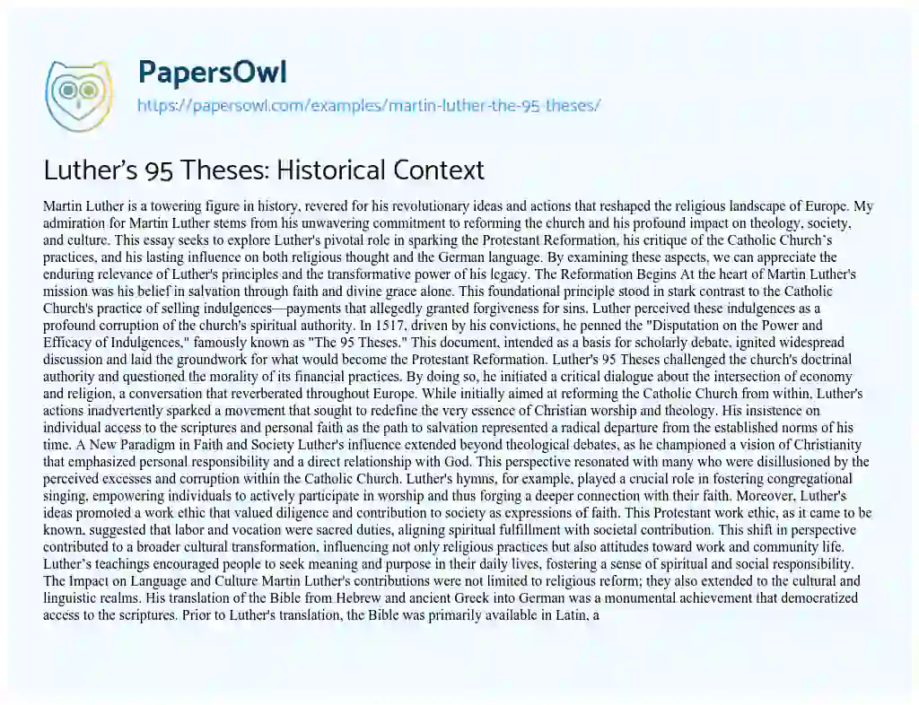 Essay on Martin Luther and his “The 95 Theses”