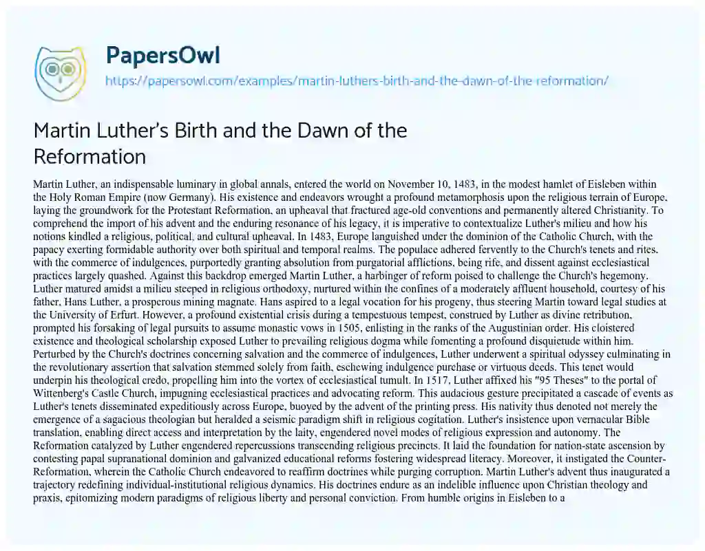 Essay on Martin Luther’s Birth and the Dawn of the Reformation