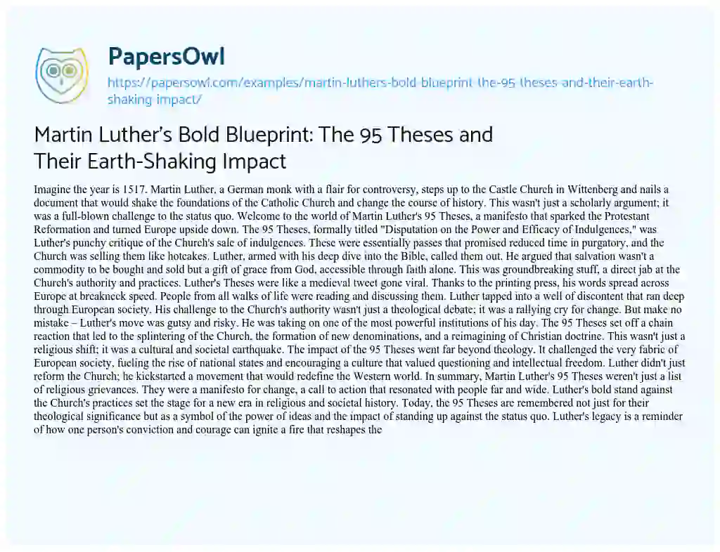 Essay on Martin Luther’s Bold Blueprint: The 95 Theses and Their Earth-Shaking Impact
