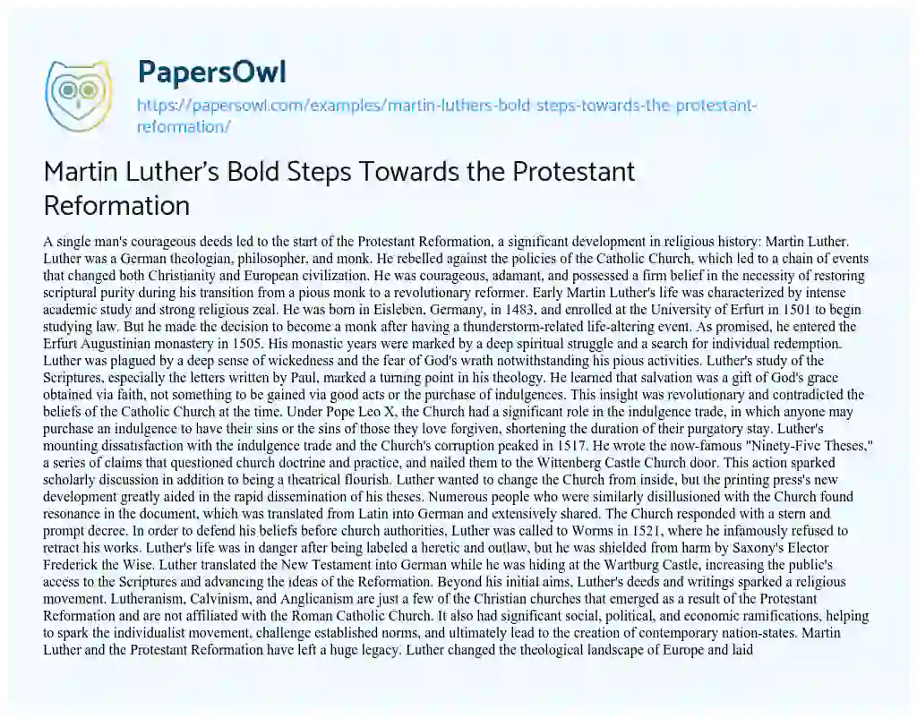 Essay on Martin Luther’s Bold Steps Towards the Protestant Reformation