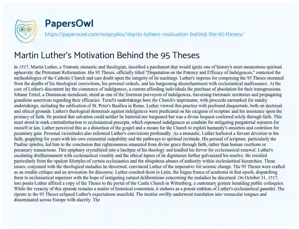 Essay on Martin Luther’s Motivation Behind the 95 Theses