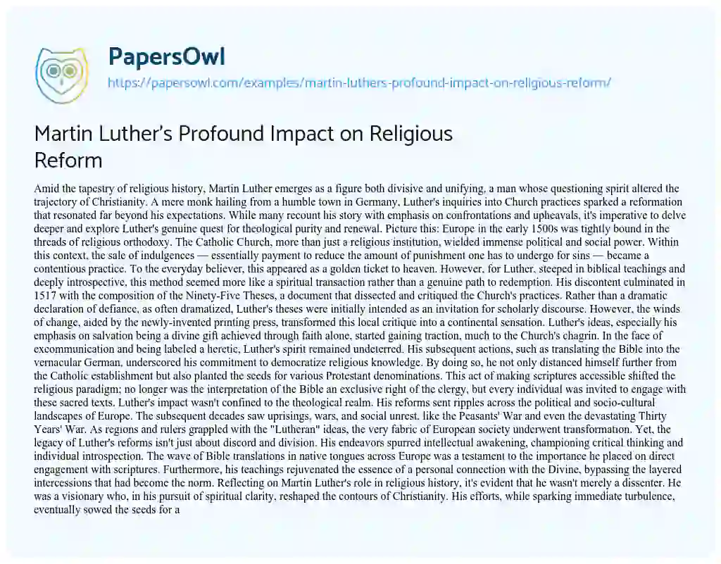 Essay on Martin Luther’s Profound Impact on Religious Reform