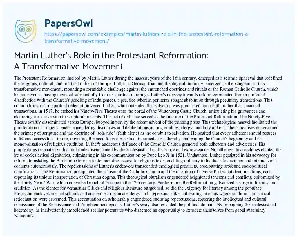 Essay on Martin Luther’s Role in the Protestant Reformation: a Transformative Movement